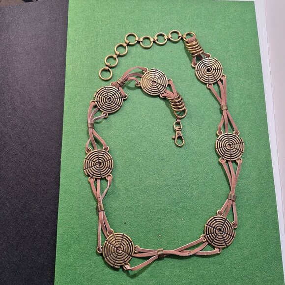 Boho Brass Spiral Medallion Leather Belt 46” Adjustable Festival Artsy Statement - Picture 2 of 7